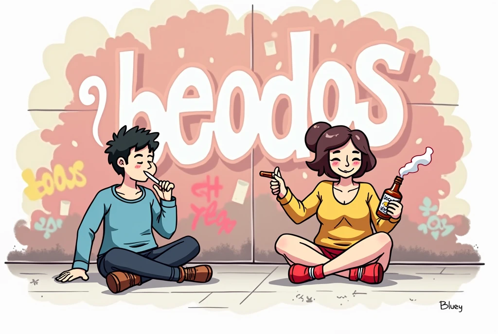 Generate bluey cartoons style image of a happy man sitting on the floor smoking a cigarette, Happy woman sitting on the floor drinking a bottle of whiskey, back to back, graffiti text "BEODOS"