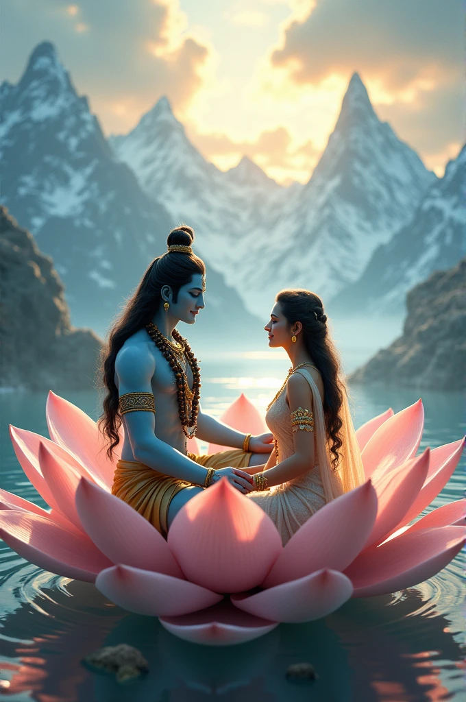 AI peak where Mahadev and Parvati are sitting on a lotus