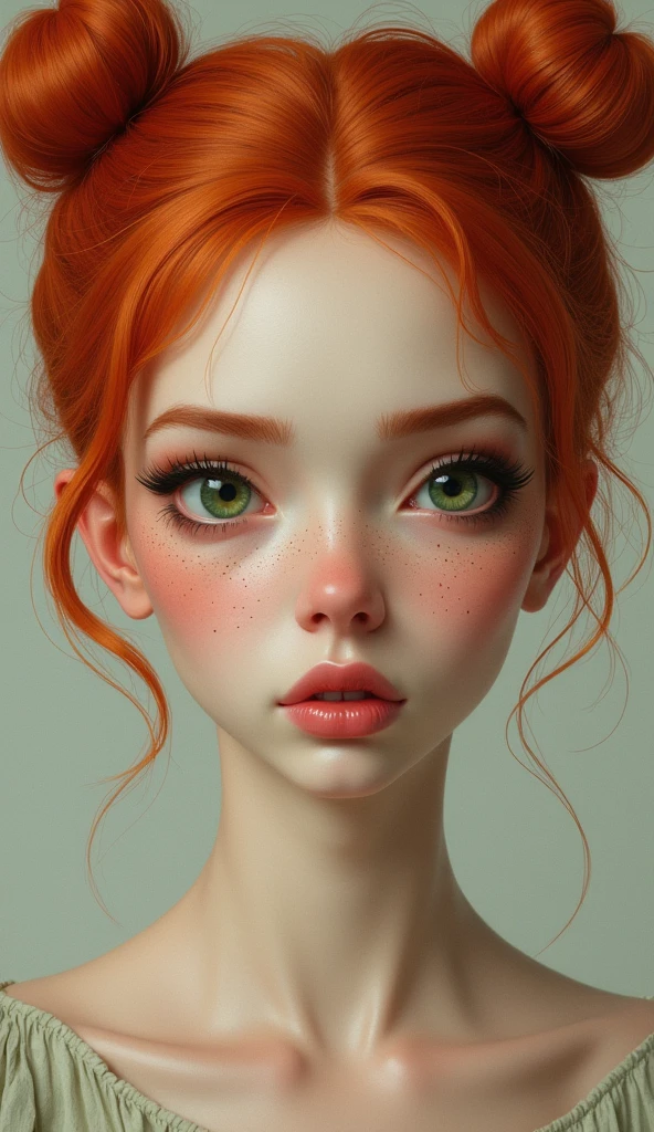 - The picture shows the face of a woman with red hair.
 - The woman's face shows small sparrow spots.
 - Female eyes are green, large, with long eyelashes
 - Woman's hair is red-orange, voluminous, and in a double-bun style
 - The woman's lips are thick and pink
 - The woman's skin is white and looks healthy
 - The woman is looking straight at the camera.
 - Woman's expression is straight and a little serious
