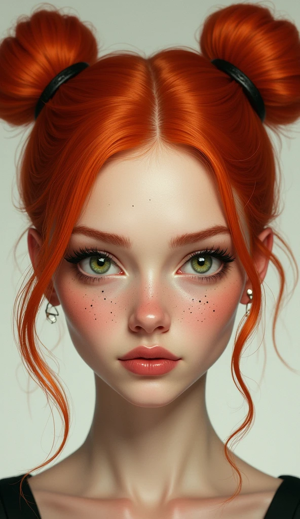 - The picture shows the face of a woman with red hair.
- The woman's face shows small sparrow spots.
- Female eyes are green, large, with long eyelashes
- Woman's hair is red-orange, voluminous, and in a double-bun style
- The woman's lips are thick and pink
- The woman's skin is white and looks healthy
- The woman is looking straight at the camera.
- Woman's expression is straight and a little serious