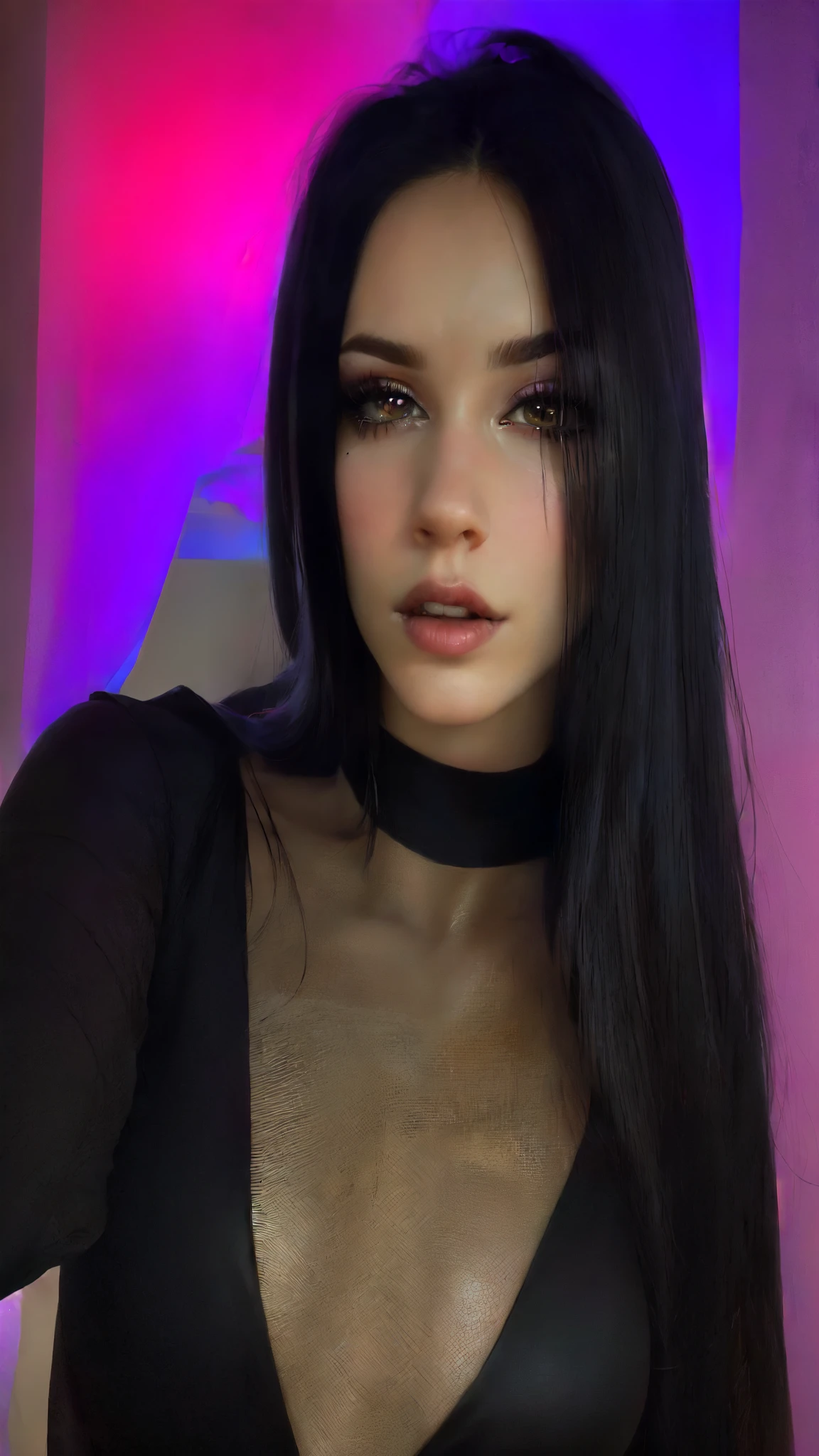 a close up of a woman with long black hair and a black top, anna nikonova aka newmilky, angelawhite, violet myers, 8k)), 🤤 girl portrait, ayahausca, black hair and large eyes, vannessa ives, olga buzova, dark hair and makeup, astri lohne, sexy face