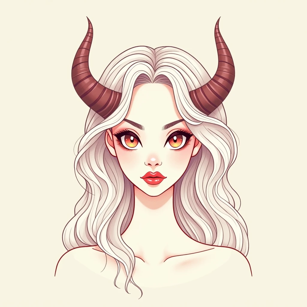 Minimalist Demon Woman with Soft Horns: The design would feature the head of a demon woman with clearly feminine features. Her eyes would be large and expressive, with a soft glow, and her lips would be delicate and well-defined. The demonic touch would come through two curved horns that emerge from the forehead, drawn in a soft and fluid way, without exaggerating the details. These horns would follow the curved lines typical of Art Nouveau, simple and elegant.
Her hair would be minimalist, but still fluid, falling in a few light waves around the face, creating a natural frame that follows the curves of the composition. It would not be necessary to add many ornaments or vines; the idea would be to keep the design clean and harmonious, focusing on the soft lines that highlight both the femininity and the demonic side.
The neo-traditional style would come in the bolder lines that outline the face, the horns and the hair, maintaining the simplicity of the design, but ensuring that there is visual impact. The use of color would be equally minimalist, with soft red or lilac tones for the skin and light shading to highlight the shapes.
This design captures the fusion of Art Nouveau and Neo-Traditional in a subtle way, emphasizing the femininity of the figure with demonic features, but maintaining an elegant and simplified look.