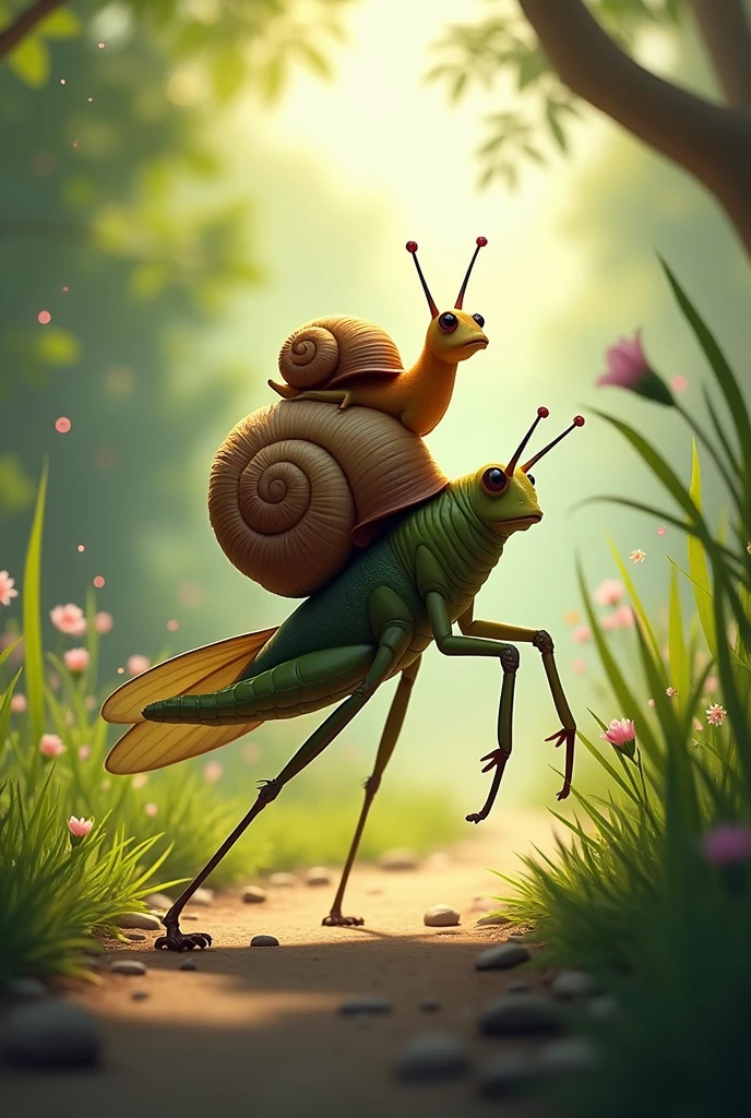 A snail riding on a grasshopper across a bicycle path. Grasshopper and snail give hero vibes