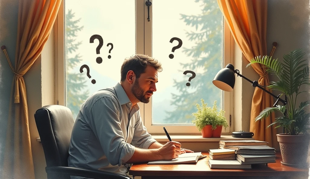 in watercolor asking questions to himself thoughtful with question marks looking out of his home window and writing in his diary