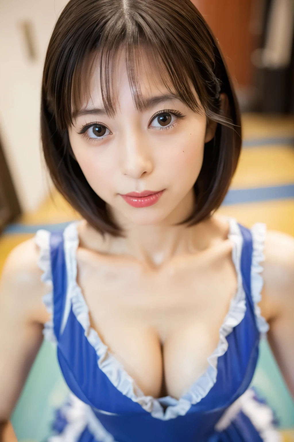 Masterpiece, photogravure, highest quality, clear contours, (One Girl, alone), Japanese woman, 30 years old, lipstick, cute face, detailed face, beautiful eyes, detailed eyes, focus on the eyes, bob hair, Anatomically correct body structure, wearing body-fitting costumes, getting on all fours, lifting butts, shot from the front