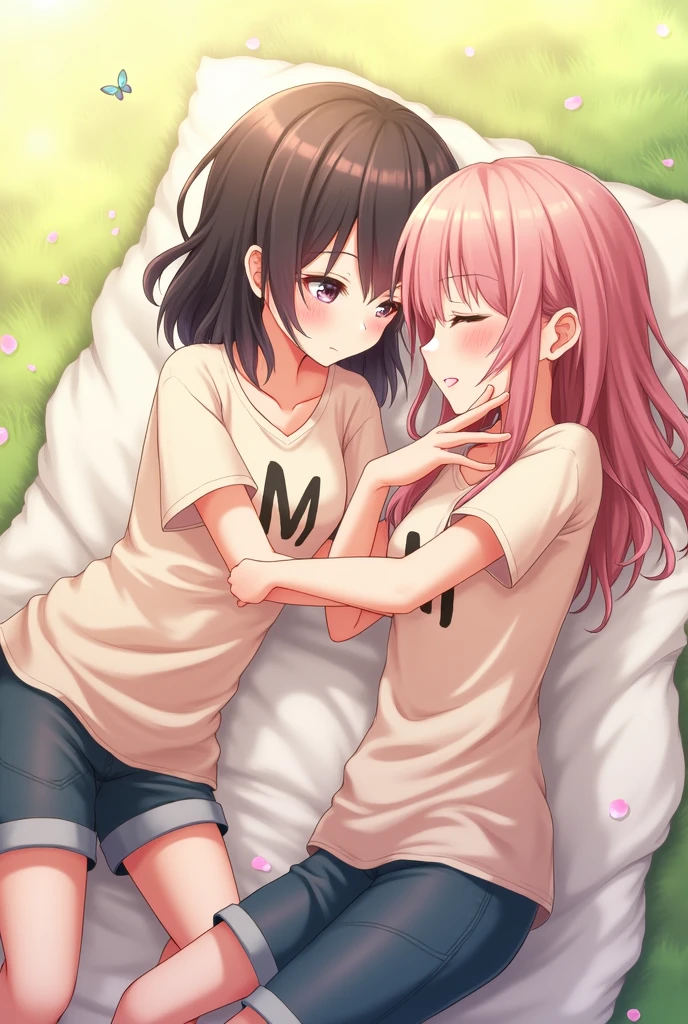 Anime couple lying down with the initials A and M on their shirts
