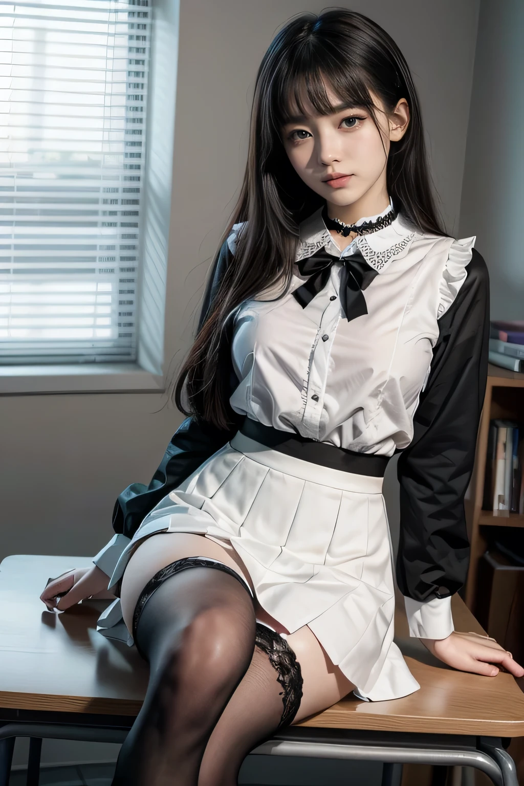 , School girl, white and black uniform, white and black skirt, black lace choker, white lace thigh highs, looking at viewer, class room background, sitting on desk, seductive, dark eyeliner, sexy eyeliner,