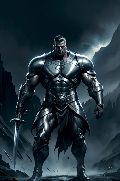a muscular and handsome man in a silver armor, full body, holding a huge sharp sword, hero, protagonist, arrogant and imposing, battlefield scene, highly detailed, realistic, 8k, photorealistic, dramatic lighting, cinematic, volumetric fog, epic, heroic, chiaroscuro, dramatic shadows, cinematic composition, atmospheric, impactful, visceral, gritty, moody, intense, powerful, captivating, striking
