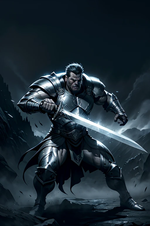 a muscular and handsome man in a silver armor, full body, holding a huge sharp sword, hero, protagonist, arrogant and imposing, battlefield scene, highly detailed, realistic, 8k, photorealistic, dramatic lighting, cinematic, volumetric fog, epic, heroic, chiaroscuro, dramatic shadows, cinematic composition, atmospheric, impactful, visceral, gritty, moody, intense, powerful, captivating, striking