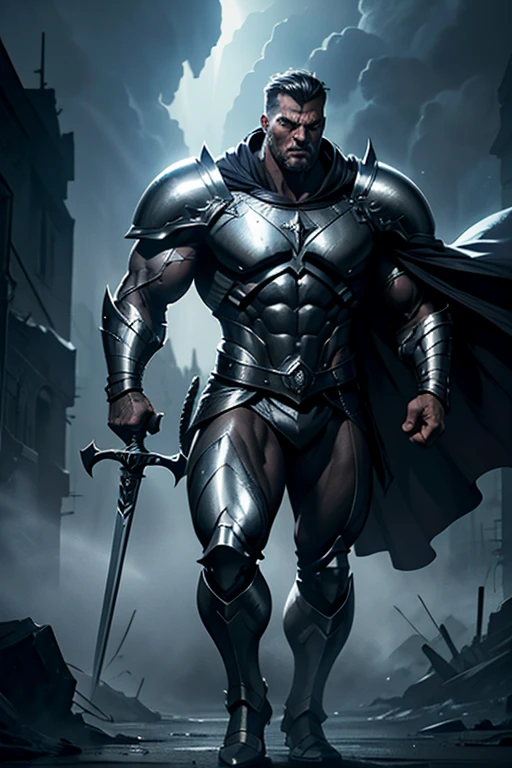 a muscular and handsome man in a silver armor, full body, holding a huge sharp sword, hero, protagonist, arrogant and imposing, battlefield scene, highly detailed, realistic, 8k, photorealistic, dramatic lighting, cinematic, volumetric fog, epic, heroic, chiaroscuro, dramatic shadows, cinematic composition, atmospheric, impactful, visceral, gritty, moody, intense, powerful, captivating, striking