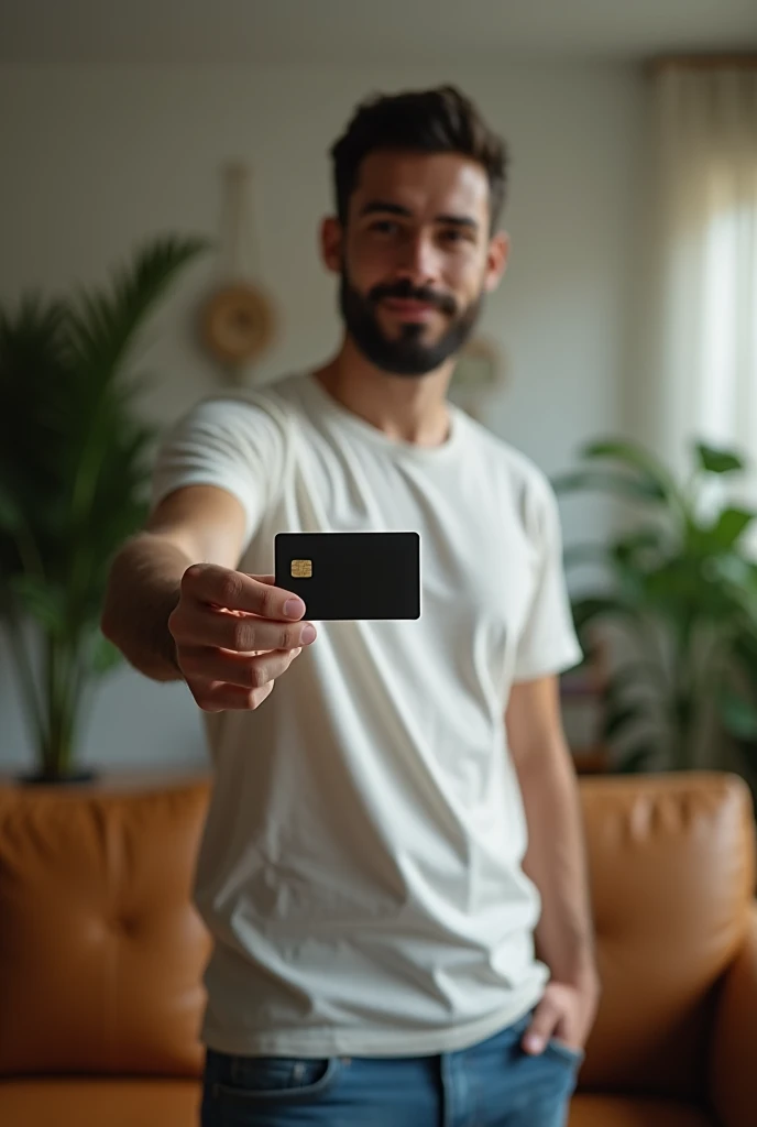 (photorealism:1.2), realistic man, no barba, standing on livingroom, no windows, showing a credit card on right hand, at shoulder level, wearing tshirt, jeans pants, black hair, indoors, plants in background, relaxed pose, realistic, intricate details