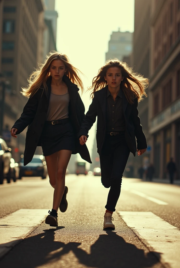Fais moi une affiche de film avec un titre en bas qui est écris "la fuite". Et sur l'affiche de film deux adolescentes une blonde avec une tenue sombre avec une jupe, et une brune avec une jupe noir et une tenue sombre et les deux filles court comme si elle fuyait en se tenant la main dans un grand boulevard. 