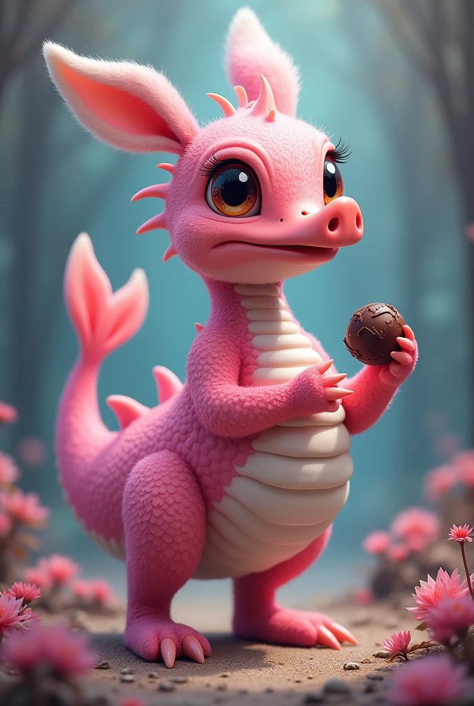 Pink animal with a fish tail and ostrich eyes with pig legs and crocodile skin, with a dragon nose and white bunny ears with a chocolate in his hand 