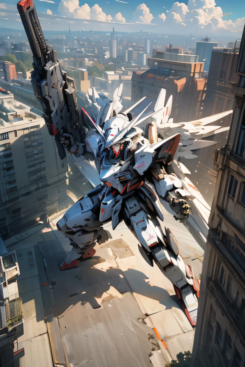 (masterpiece, best quality, 16K, absurdres:1.3), robot, base on Gundam, giant, stocky, Mechanical Wings, (fighting, with a gun:1.3), in the city, in the afternoon, with clouds, 3D render, raw photo, ultra realistic photo, full body shot, from above, gigantic scale