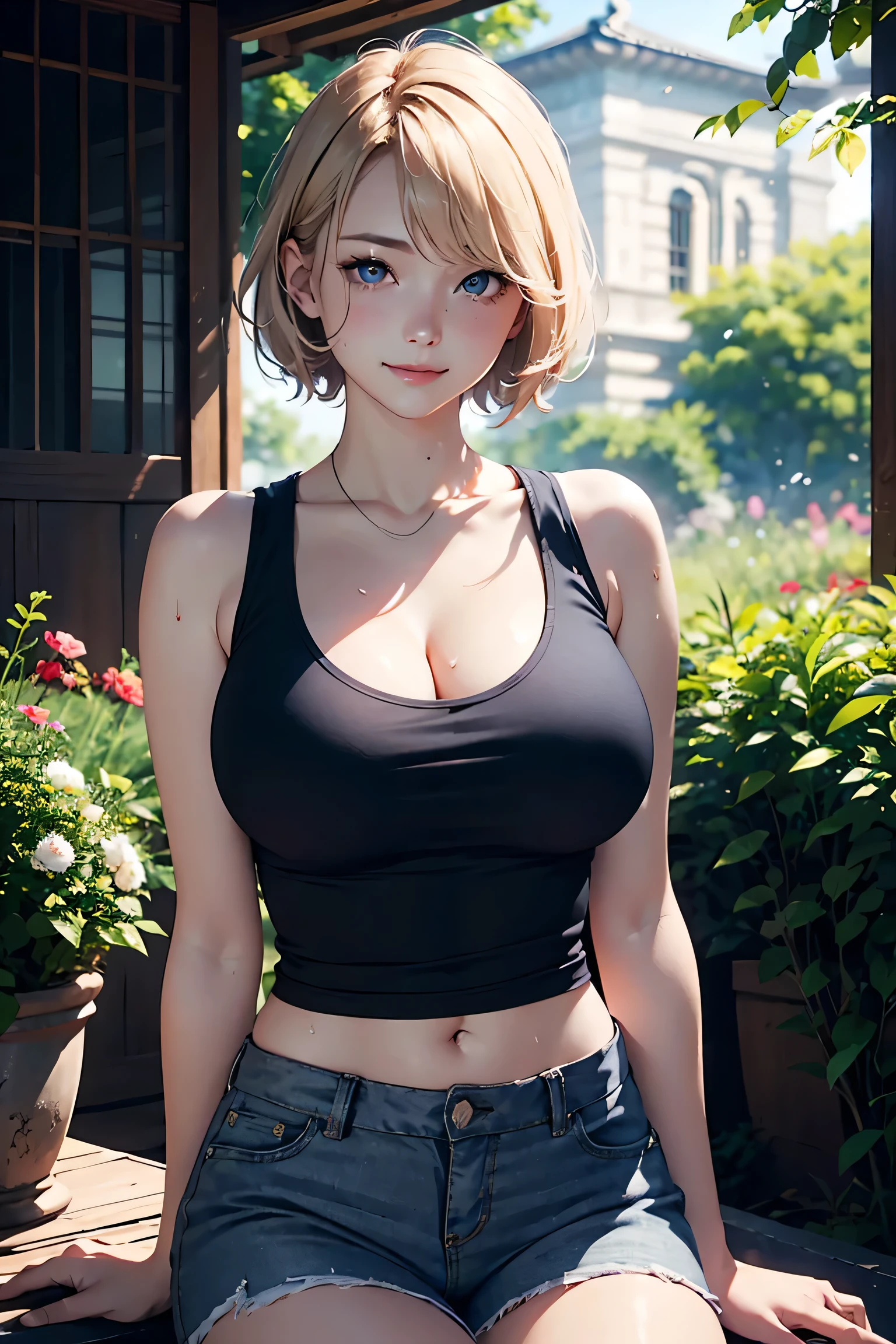 (masterpiece:1.2, Highest quality), (Realistic photos), Beautiful illustrations, (Natural side lighting, Cinema lighting),(1 person), Japanese, 20-year-old female, Perfect Face, Symmetrical cute face, Glowing Skin、Blonde Short Hair、Dark blue eyes, (Huge breasts:1.2), Slender build、Beautiful Hair, Beautiful Face, Fine and beautiful eyes, Beautiful body, Beautiful breasts,(Black Tank Top、Gray shorts),smile、Blushing、whole body、garden、stand、(Sweating all over)