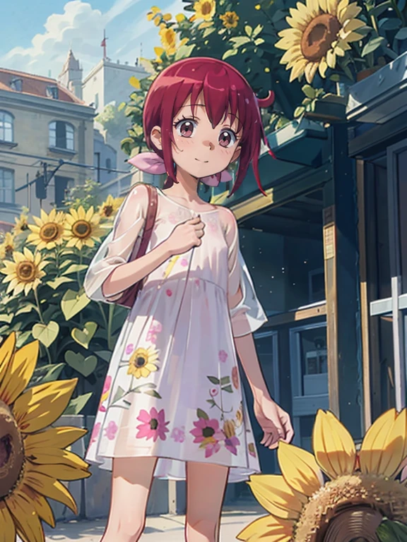 Realistic Skin, Ecstasy, Very short stature，Very thin thighs，，Small child:1.3，((Fully transparent:1.3) A sheer floral print casual dress)，naked，outside，Midsommar Garden，Sunflower flowers，