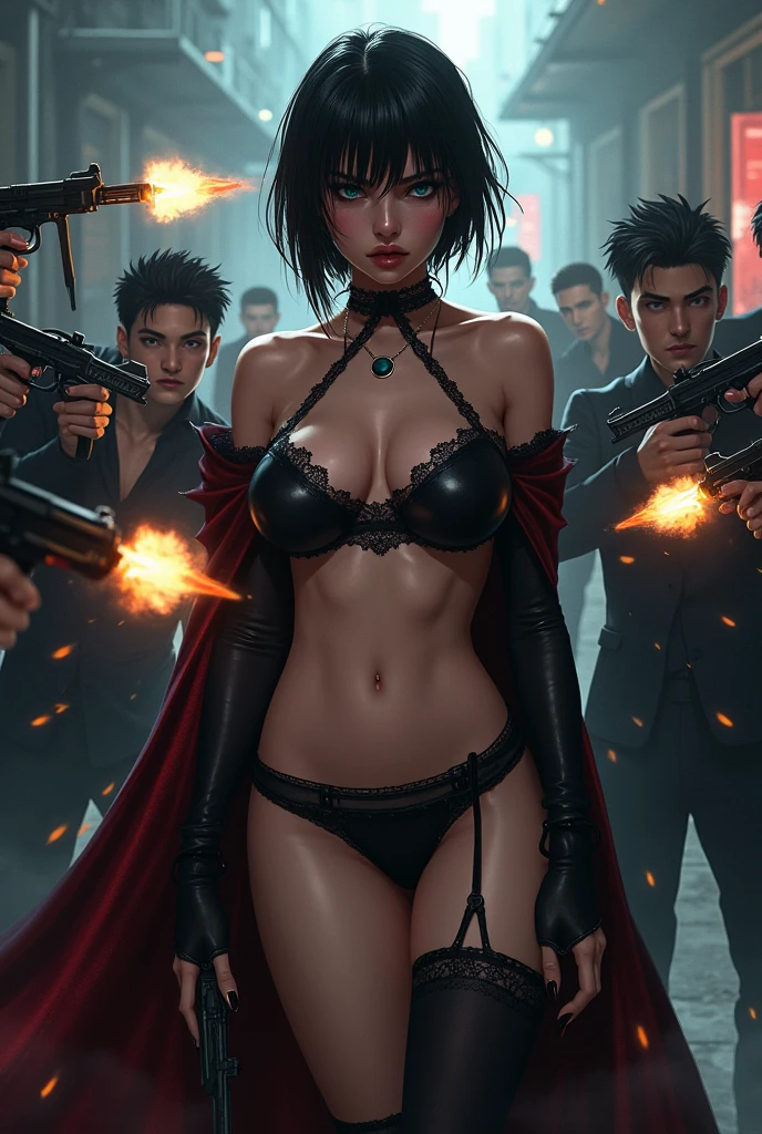 Character Design reference. A woman with a soul of pure evil and hatred. Alluringly posed, A confidant, ???? pose of a Beautiful and powerful evil ???? supervillain woman with medium length brunette layered hair, green eyes, and red lips, a sinister look across her face.  She is wearing a black choker with a red ruby swaztika on it, sleek gray pleated minidress with a red swaztika on her red armband,and posing with a glowing artifact of immense power in her hands. In the background are hundreds of mind controlled colorful costumed heroes in chains.