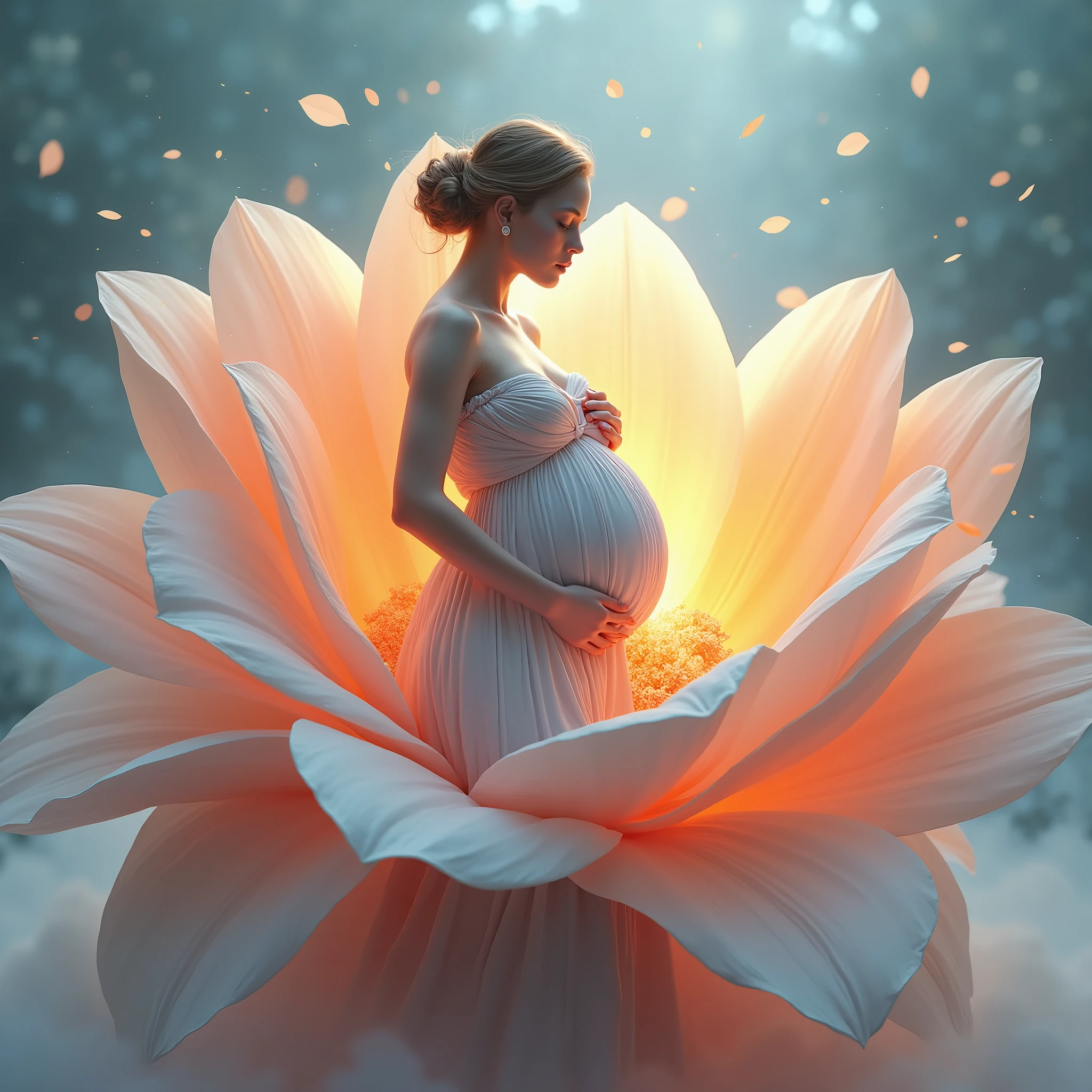 pregnant woman in blue  dress standing in a large flower, digital art inspired by Igor Kieryluk, trending on cg society, digital art, maternal photography 4 k, perky woman made of petals, pregnant belly, stunning elegant pose all pose different , flower goddess, lady with glowing flowers dress, maternity feeling, dressed in a flower dress, photo manipulation, beautiful and graceful, pregnant, leaf flowing in air