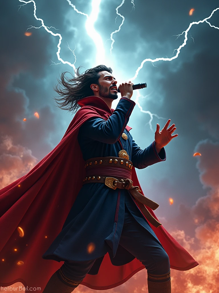 Rock Dr Strange marvel holding the microfon singing with a background of thunder and a very rock vibes.