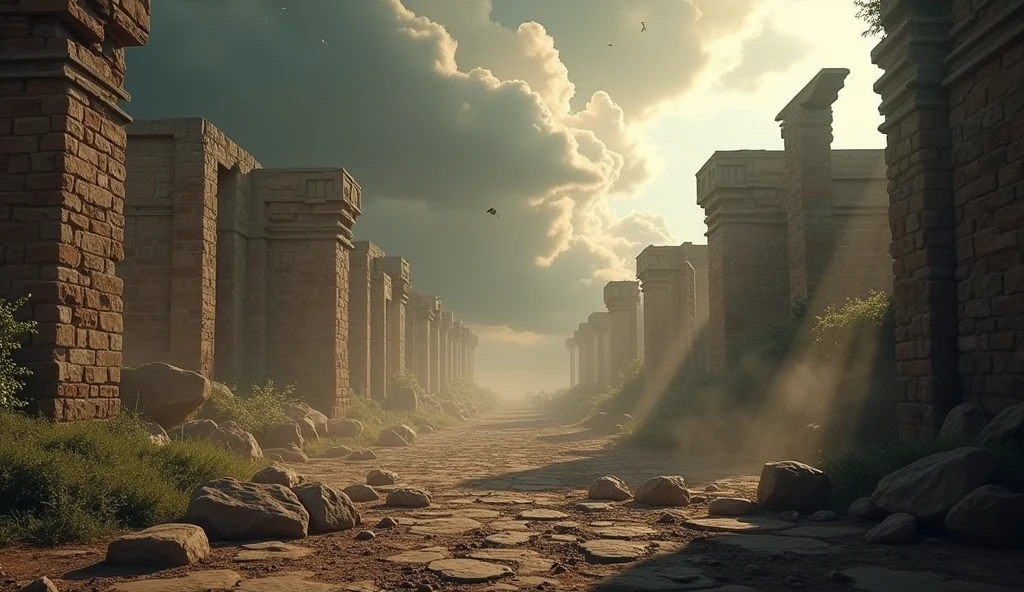 A dramatic scene depicting the aftermath of a powerful windstorm that has destroyed the walls of an ancient house. The walls are partially collapsed, with large sections of stone and wood scattered across the ground. The force of the wind is evident as dust and debris continue to swirl in the air. Inside the ruins, remnants of a banquet are visible, with a broken table and scattered dishes. The sky is dark and turbulent, highlighting the devastation and the tragic loss as described in the story of Job.