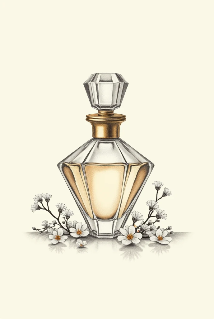 A painting with an antique diamond-shaped perfume bottle. dainty, colorless pencil drawing. vintage frasco, with small branches of flowers. Painting only on the golden lid