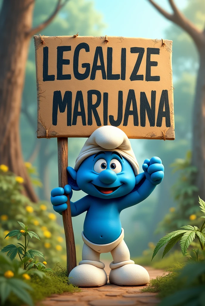 A Smurf holding a sign that says legalize marijuana