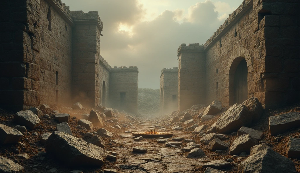 A dramatic scene depicting the aftermath of a powerful windstorm that has destroyed the walls of an ancient house. The walls are partially collapsed, with large sections of stone and wood scattered across the ground. The force of the wind is evident as dust and debris continue to swirl in the air. Inside the ruins, remnants of a banquet are visible, with a broken table and scattered dishes. The sky is dark and turbulent, highlighting the devastation and the tragic loss as described in the story of Job.