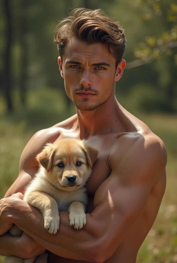 a muscular athletic young man holding a small puppy, 8k highly detailed photorealistic, beautiful detailed eyes, beautiful detailed face, extremely detailed features, realistic lighting, cinematic, warm color tones, natural outdoor lighting
