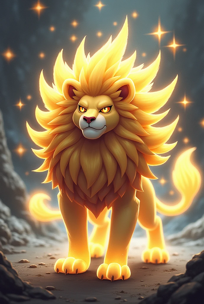 a creation of a lion fakemon with spiky manes, with light abilities.