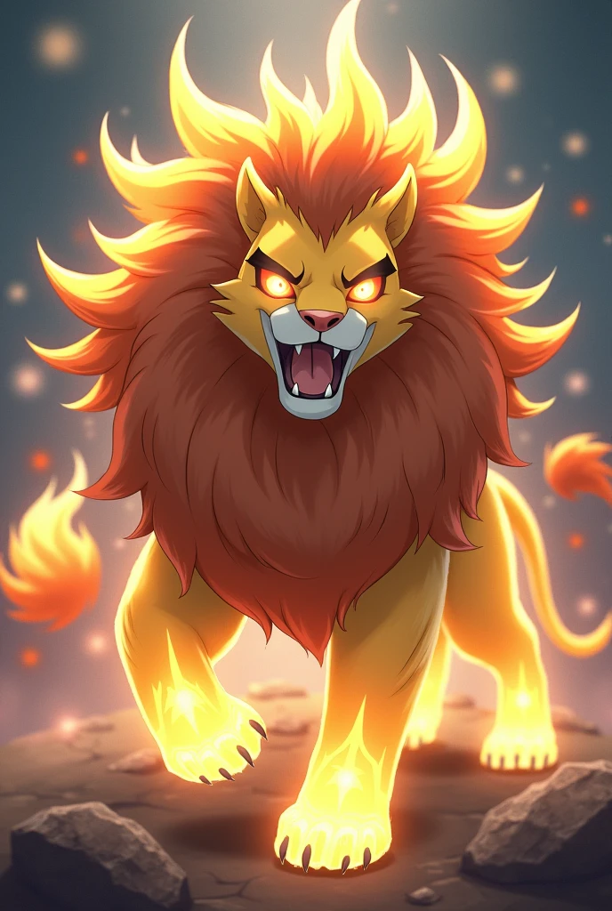 a creation of a lion fakemon with spiky manes, with light abilities.