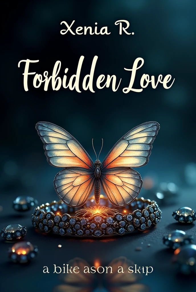 Create me a cover for a book that is simple with a butterfly and jewelry. In the middle should be large Forbidden love and at the top should be small Xenia R.