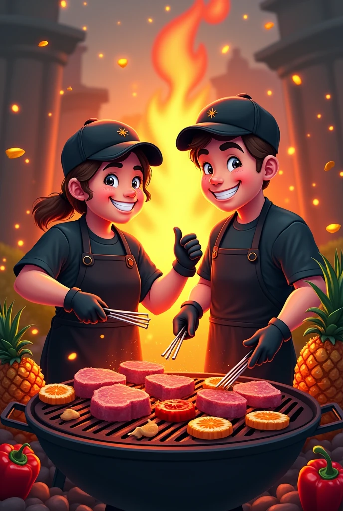 Create a professional logo  ,  with barbecue theme on the grill , special roast meat cuts  , two people , de avental preto , gloves and caps , two friends in drawing , one of the two chubby brothers , a little less realistic , feed the barbecue , and put pineapple and peppers , lots of embers and fire 