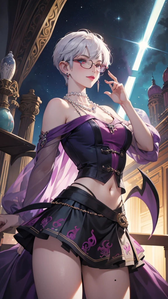 8k, masterpiece, best quality, highly detailed, 1 girl, tiefling, warlock, pixie cut, multicolored hair, very short straight hair red highlight hair on white hair, strippled hair, wearing glasses, round glasses, earrings, navel piercing, red eyeshadow, long eyelashes, blushed cheek, red lips, pearl necklace, rings, collarbone, mole on face, glamorous, teal and purple clothes, sleeveless, miniskirt, smirk, close up view, rings, looking at viewer, demon horns, solo, starry sky, pale blue moon, standing, boxing stance, demonic arms, chains on the background.