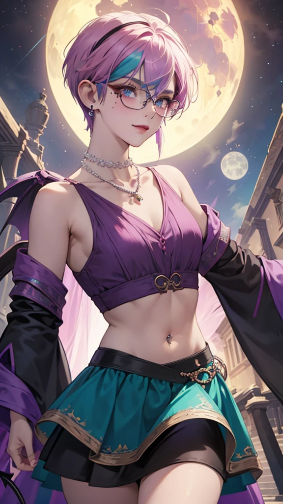 8k, masterpiece, best quality, highly detailed, 1 girl, tiefling, warlock, pixie cut, multicolored hair, very short straight hair red highlight hair on white hair, strippled hair, wearing glasses, round glasses, earrings, navel piercing, red eyeshadow, long eyelashes, blushed cheek, red lips, pearl necklace, rings, collarbone, mole on face, glamorous, teal and purple clothes, sleeveless, miniskirt, smirk, close up view, rings, looking at viewer, demon horns, solo, starry sky, pale blue moon, standing, boxing stance, demonic arms, chains on the background.