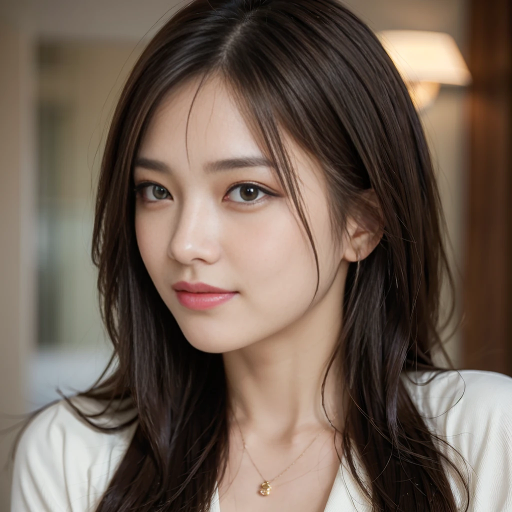 On the table, Highest quality, Realistically, Super detailed, Every detail, High resolution, 4K wallpaper, One beautiful woman,, Light brown messy hair, Wearing a suit, Get into sharp focus, Perfect dynamic composition, Beautiful and delicate eyes, Delicate hair, 细致Realistically的皮肤纹理, smile, Close-up portrait, Model body type