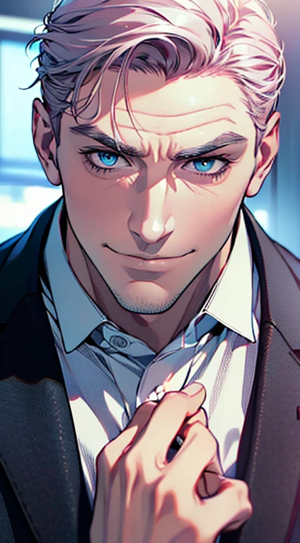 (best quality,4k,8k,highres,masterpiece:1.2),ultra-detailed,(realistic,photorealistic,photo-realistic:1.37),1 man,3,mature man,very handsome,without expression,smile,short grey pink hair,blue eyes,penetrating gaze,perfect face without errors,imposing posture,businessman,office background,cinematic lighting,hdr image