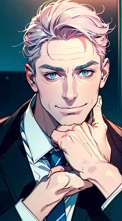 (best quality,4k,8k,highres,masterpiece:1.2),ultra-detailed,(realistic,photorealistic,photo-realistic:1.37),1 man,3,mature man,very handsome,without expression,smile,short grey pink hair,blue eyes,penetrating gaze,perfect face without errors,imposing posture,businessman,office background,cinematic lighting,hdr image