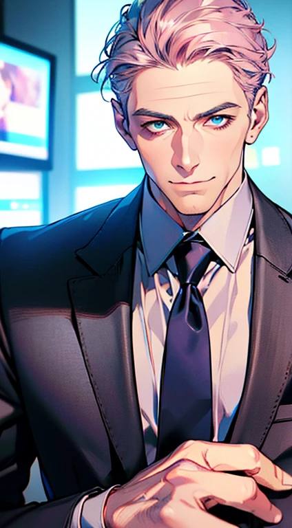 (best quality,4k,8k,highres,masterpiece:1.2),ultra-detailed,(realistic,photorealistic,photo-realistic:1.37),1 man,3,mature man,very handsome,without expression,smile,short grey pink hair,blue eyes,penetrating gaze,perfect face without errors,imposing posture,businessman,office background,cinematic lighting,hdr image