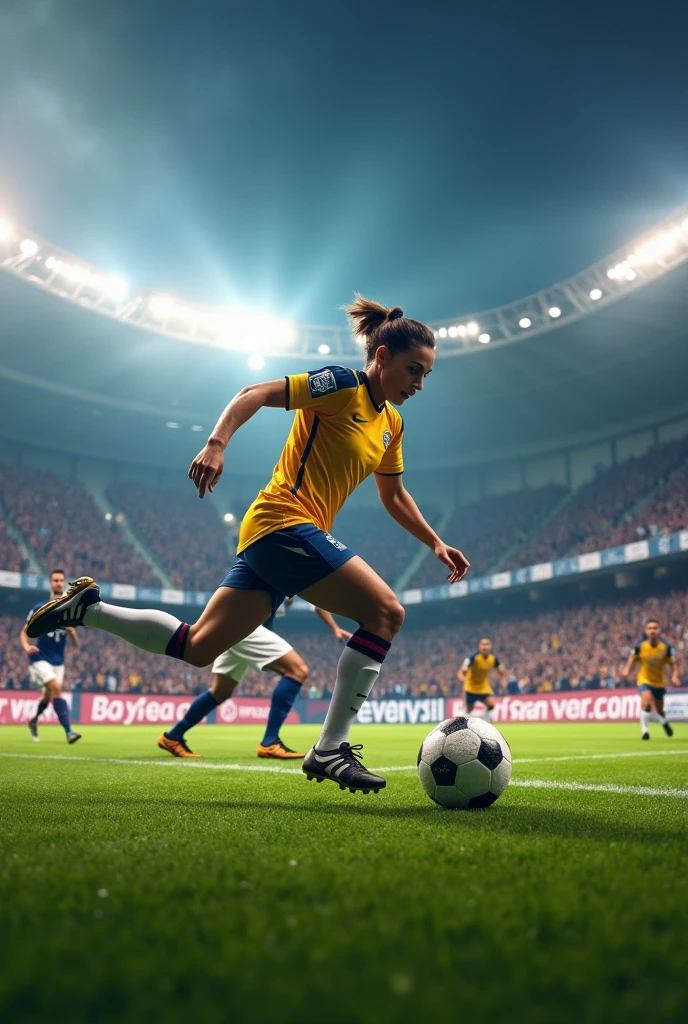 A mother scoring a goal in a football stadium