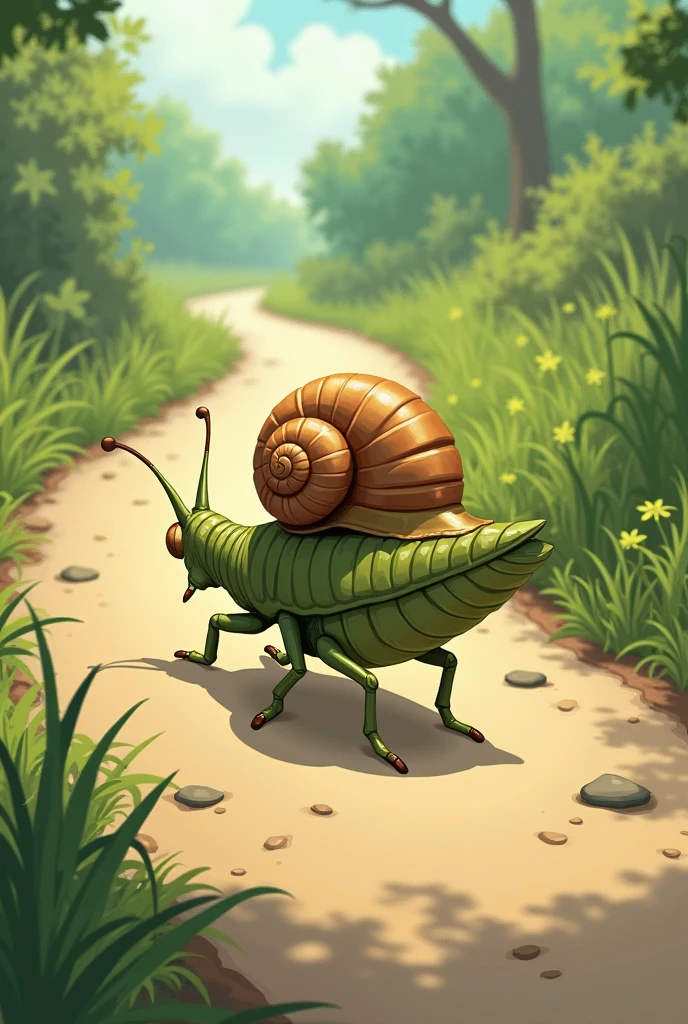 A snail without a shell riding on a grasshopper across a bicycle path. Grasshopper and snail give hero vibes 