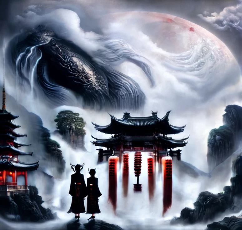 (guiguai),(1girl:1.2),1 girl stands in front of a huge monster,1lady standing,(full body:1.1),(looking at viewer:1.5),detailed face,detailed eyes,dramatic lighting,monster,wing,red lanterns,(chinese-style architecture:1.2),translucent soul,luminous,atmospheric reentry,with vast sky,continuous mountains and steep cliffs,atmospheric atmosphere,depth of field,mist rising,stone pavilions,waterfalls,shuimobysim,bonian,from below,