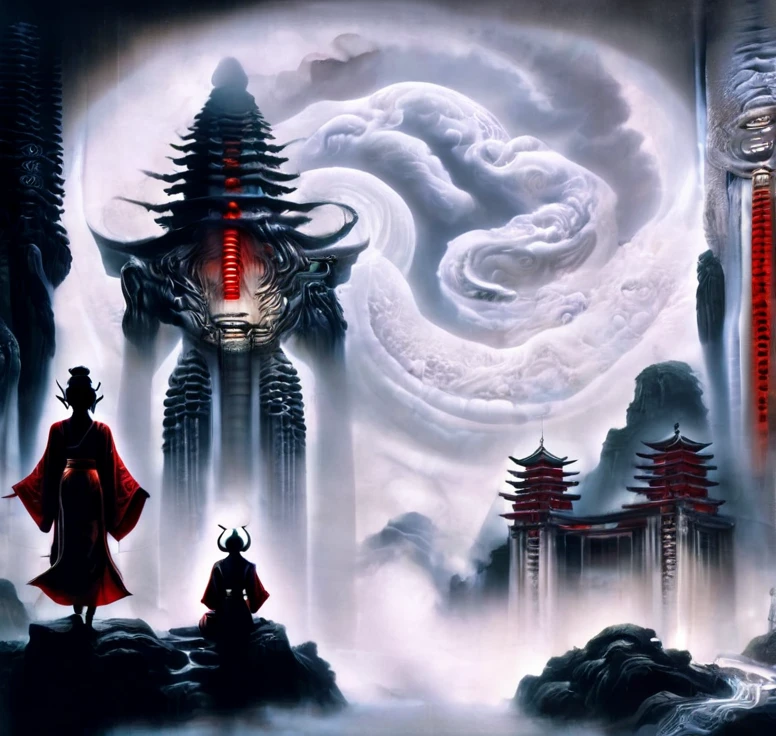 (guiguai),(1girl:1.2),1 girl stands in front of a huge monster,1lady standing,(full body:1.1),(looking at viewer:1.5),detailed face,detailed eyes,dramatic lighting,monster,wing,red lanterns,(chinese-style architecture:1.2),translucent soul,luminous,atmospheric reentry,with vast sky,continuous mountains and steep cliffs,atmospheric atmosphere,depth of field,mist rising,stone pavilions,waterfalls,shuimobysim,bonian,from below,