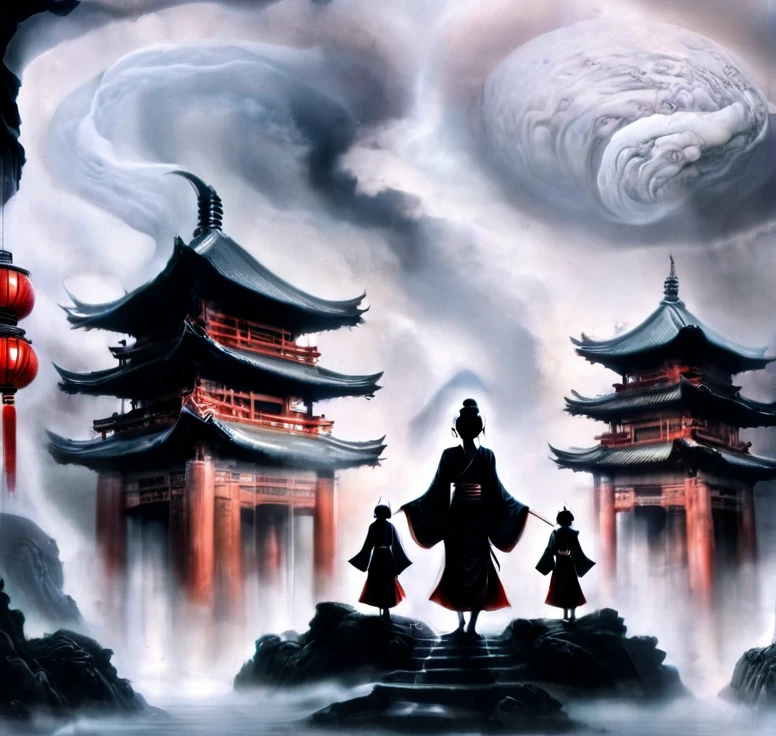 (guiguai),(1girl:1.2),1 girl stands in front of a huge monster,1lady standing,(full body:1.1),(looking at viewer:1.5),detailed face,detailed eyes,dramatic lighting,monster,wing,red lanterns,(chinese-style architecture:1.2),translucent soul,luminous,atmospheric reentry,with vast sky,continuous mountains and steep cliffs,atmospheric atmosphere,depth of field,mist rising,stone pavilions,waterfalls,shuimobysim,bonian,from below,