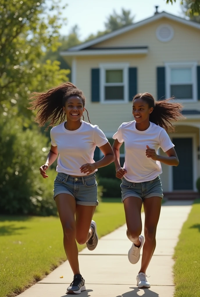 Two Black teenage girls running outside house full image