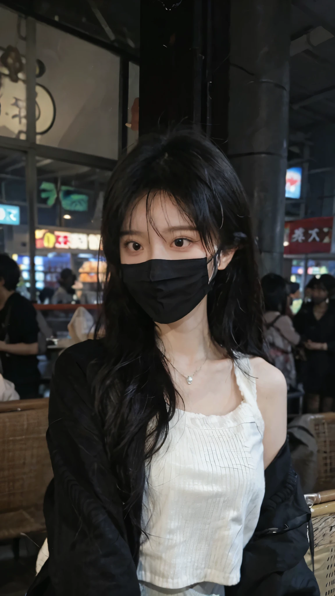 黑色wear mask,Best quality,黑色wear mask,Ultra-high resolution,(Reality:1.4),(黑色wear mask:1.4),Cute hairpins,girll,Cropped black sweater,wear mask,Look directly at the audience,Full of atmosphere,Beautiful woman with a slim figure:1.4,黑色wear mask,supermarket,whole body,Super delicate face,Exquisite eyes,Double eyelids,necklace,黑色wear mask,