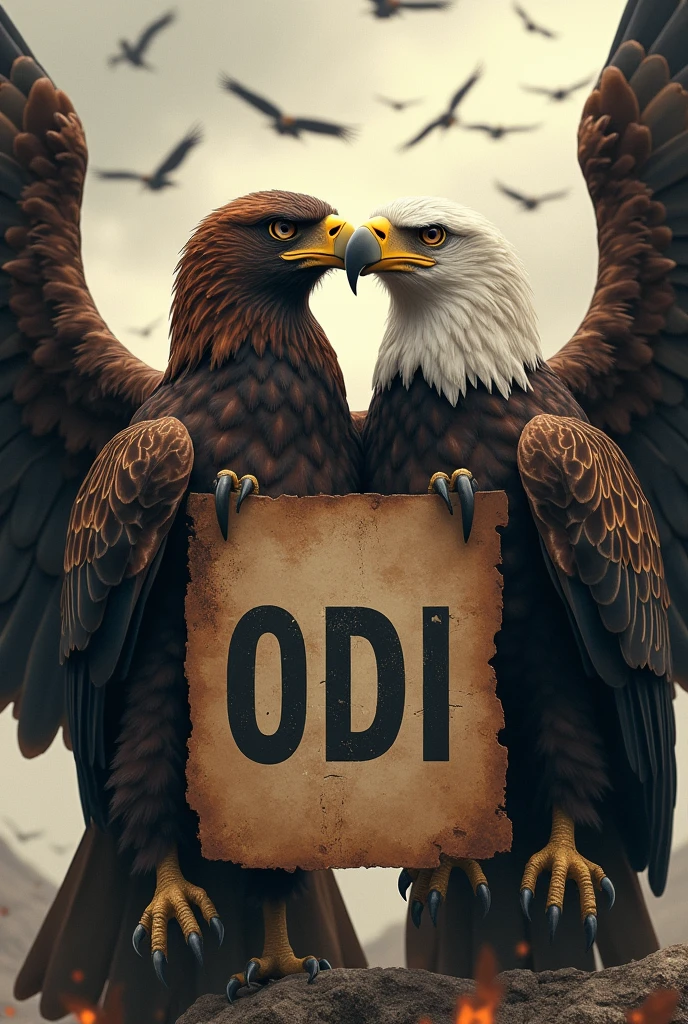 Two kissing eagles holding an old poster with the name ODI in capital letters, in the background thousands of eagles flying and many eagles