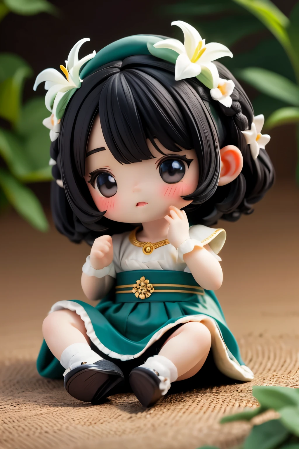 Photorealistic、(Black Hair、sleepy、Mouth slightly open、hair ornaments、Sitting、Cute Shoes)、Lily of the valley hill、night