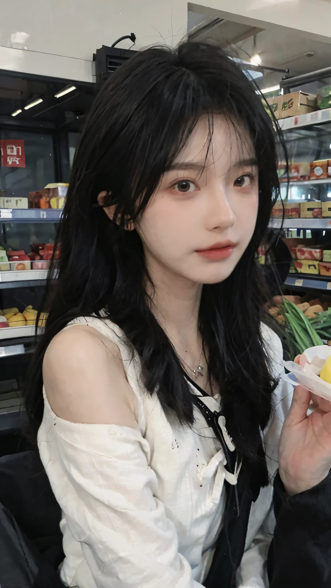 黑色wear mask，Best quality，黑色wear mask，Ultra-high resolution，(Reality:1.4)，（黑色wear mask:1.4），Cute hairpins，girll，Cropped black sweater，wear mask，Look directly at the audience，Full of atmosphere，Beautiful woman with a slim figure:1.4，黑色wear mask，supermarket，whole body，Super delicate face，Exquisite eyes，Double eyelids，necklace，黑色wear mask，