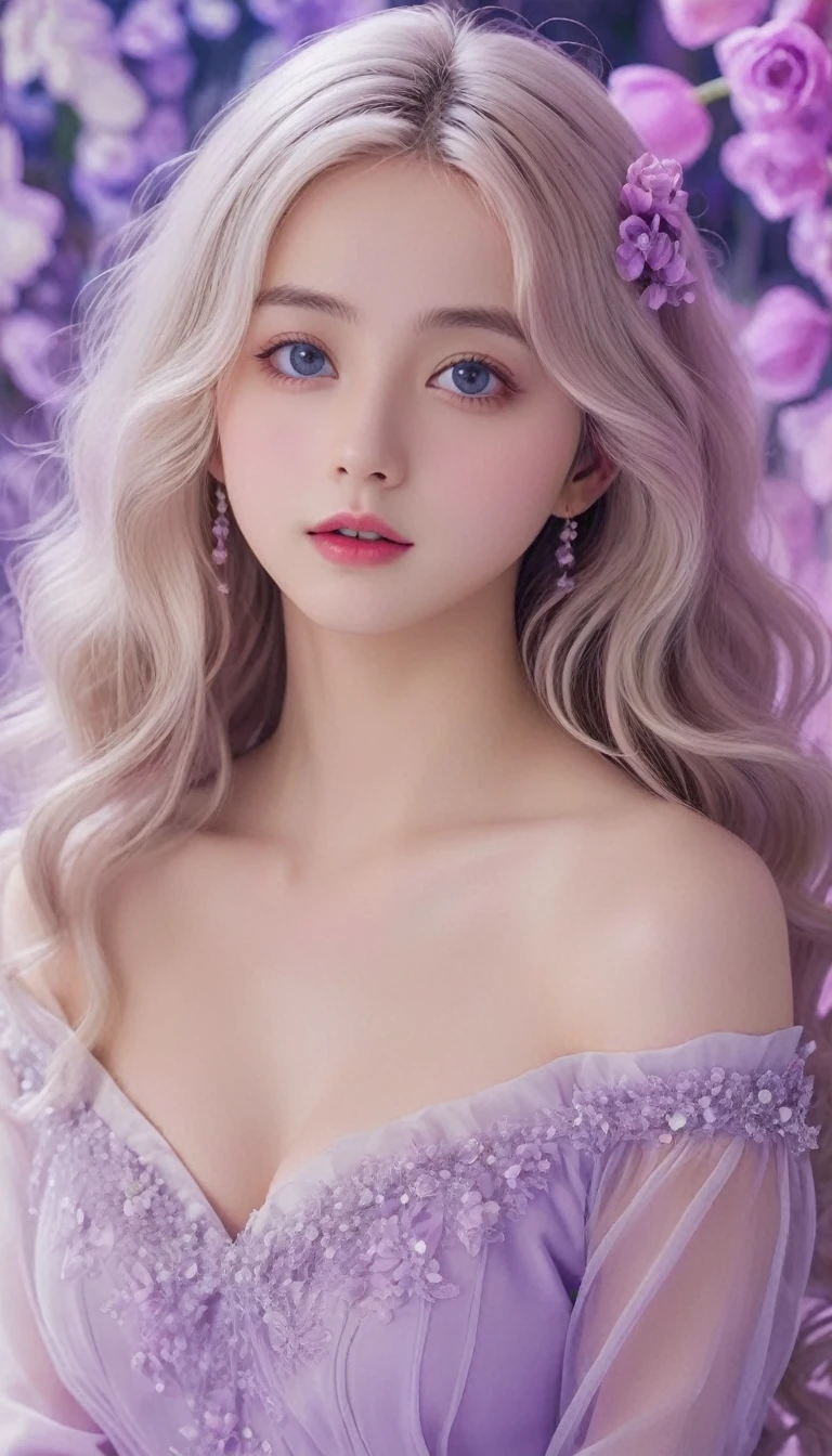 masterpiece,Dazzling colorful lights,Extremely detailed,A girl,big eyes,tulip,Extra long curly hair,White-blond hair,A fascinating adventure,Radiant Lips,Close-up of face,Off-shoulder,Dreamy and beautiful,The rich colors of the characters,Delicate brushstrokes,wallpaper,Lilac background,Anime Aesthetics,