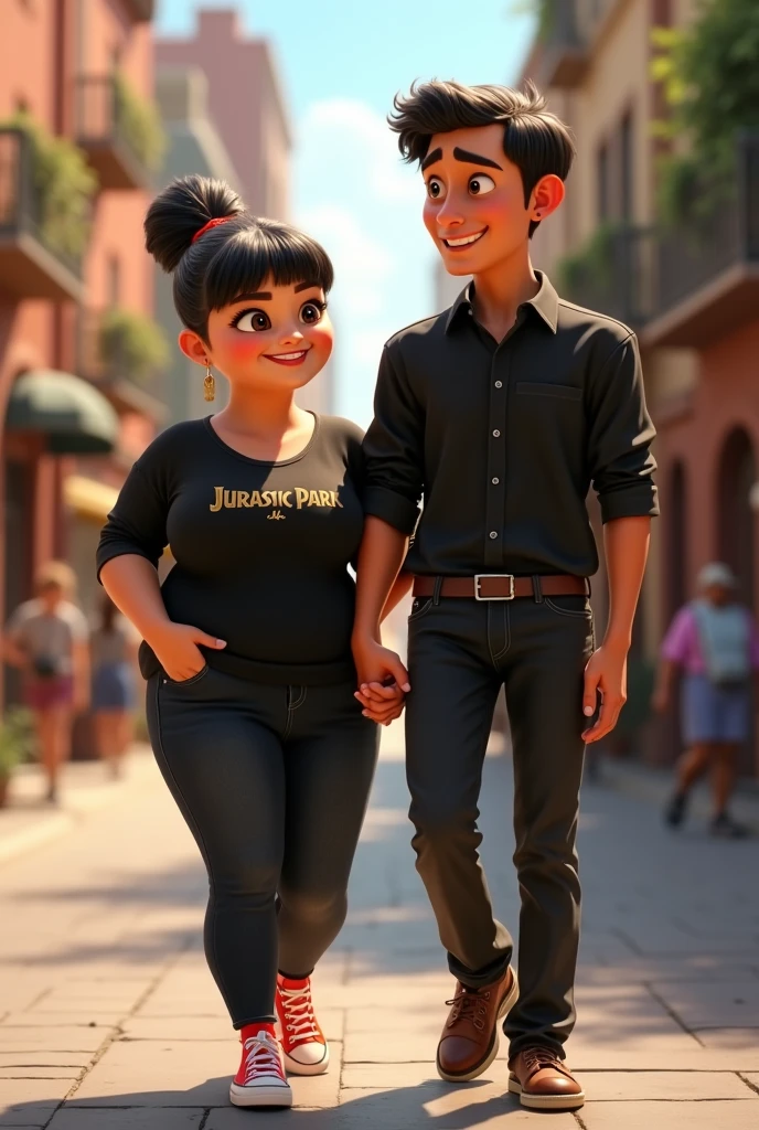 A couple arm in arm. 
She is smiling, has a robust build, wide legs, small ears, and a light complexion., wide nose big brown eyes hair in a bun and straight curtain bangs, you wore a black Jurassic Park blouse, black jeans and red converse. He is of slim build, tez morena, wide nose small eyes short dark straight hair small ears wears a formal black button down shirt and black dress pants with brown shoes, protagonists of a Disney Pixar movie digital art. Walking down a street 